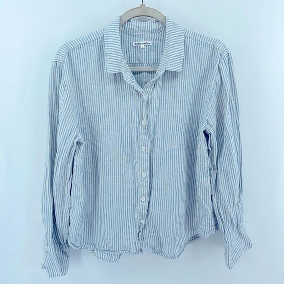 Reformation 100% linen striped long sleeve button down shirt sz L - Picture 1 of 6
